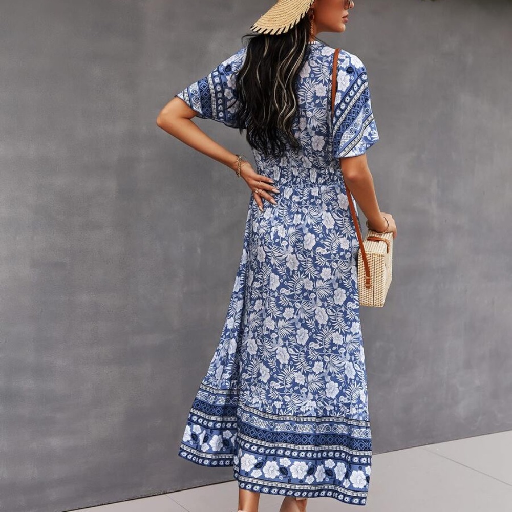 Boho Yellow Floral Print Butterfly Sleeve Midi Dress Cottagecore - Picture 9 of 13